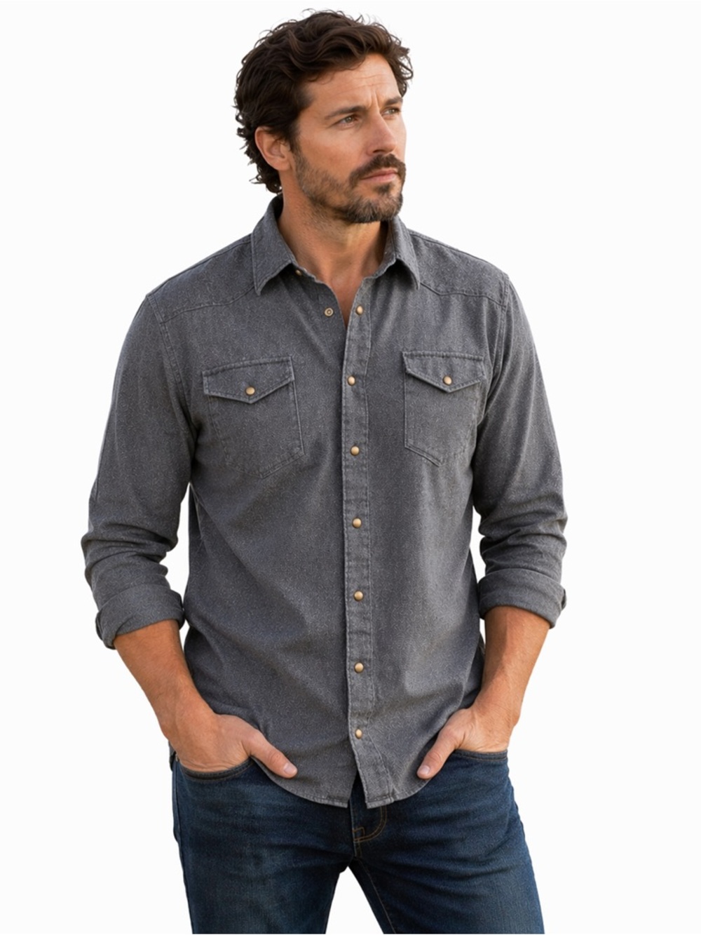 Wrangler Western Pearl Snap Shirt Mens 2XL Gray Workwear Ranch Casual